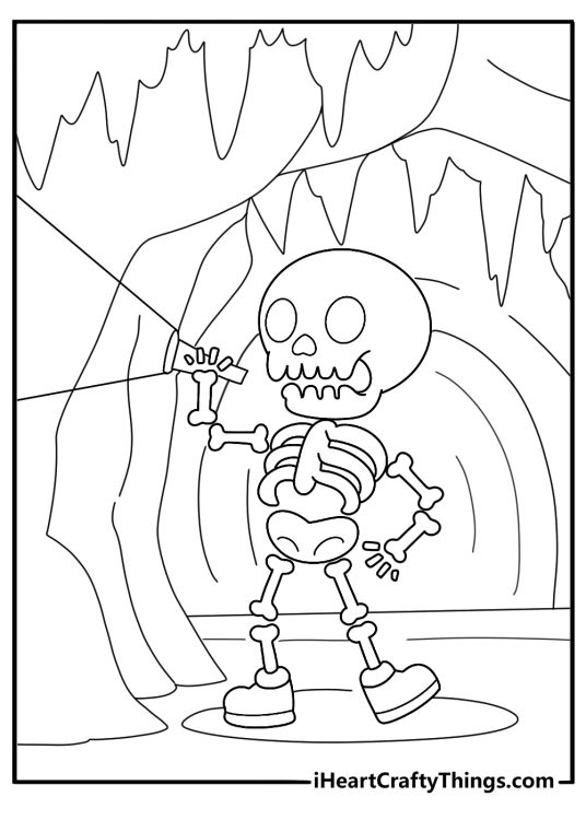 skeleton holding a torch in a cave easy coloring page