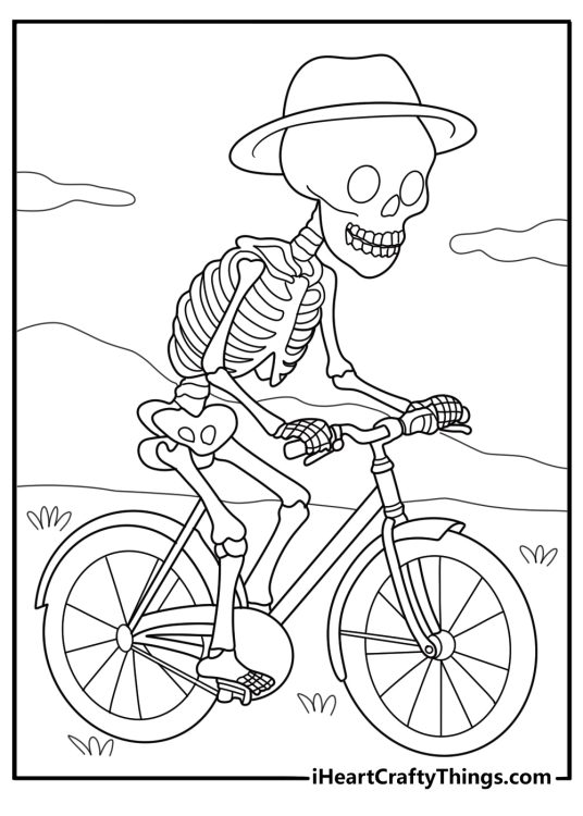 skeleton riding a bicycle simple coloring sheet