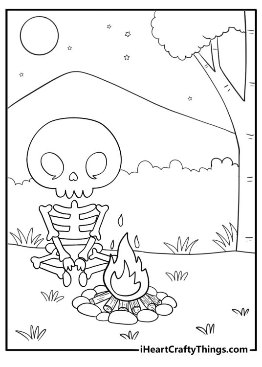skeleton sitting around a campfire cartoon coloring sheet