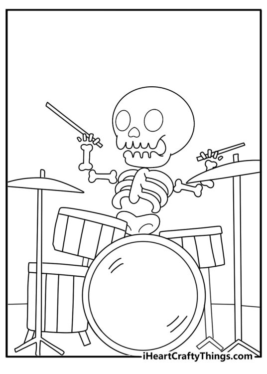 skeleton sitting at a drum set cartoon coloring sheet