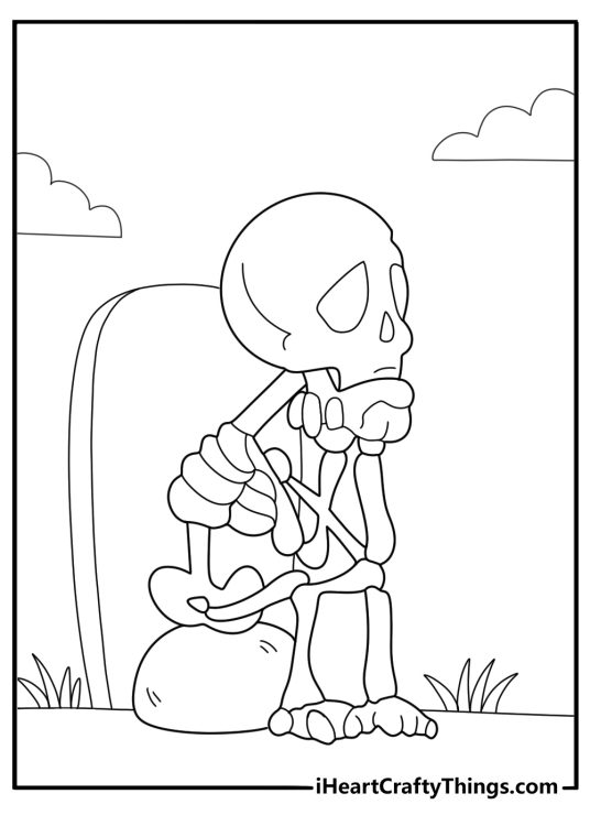 skeleton sitting on a gravestone easy coloring page for kids