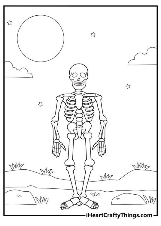 skeleton standing under the full moon printable coloring page