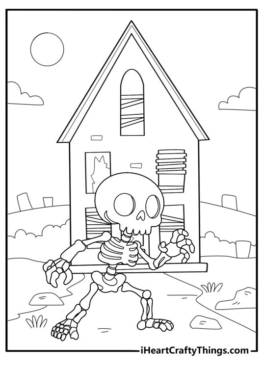 skeleton walking through a haunted house detailed coloring page