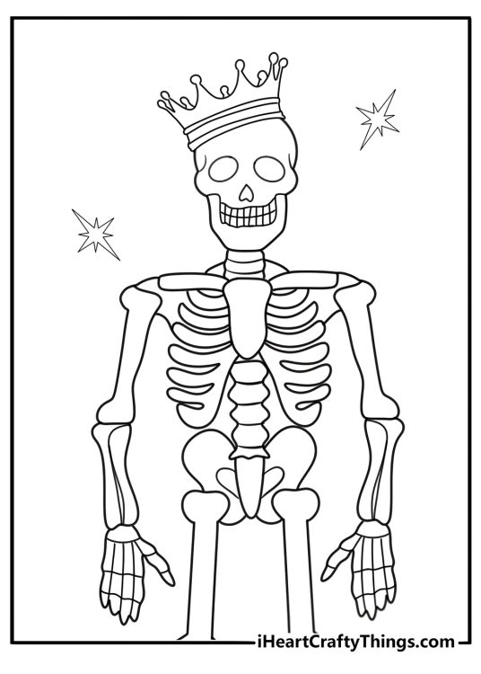 skeleton wearing a crown cartoon coloring page