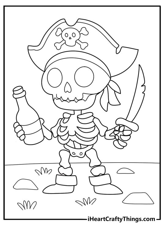 skeleton wearing a pirate hat printable coloring page for kids