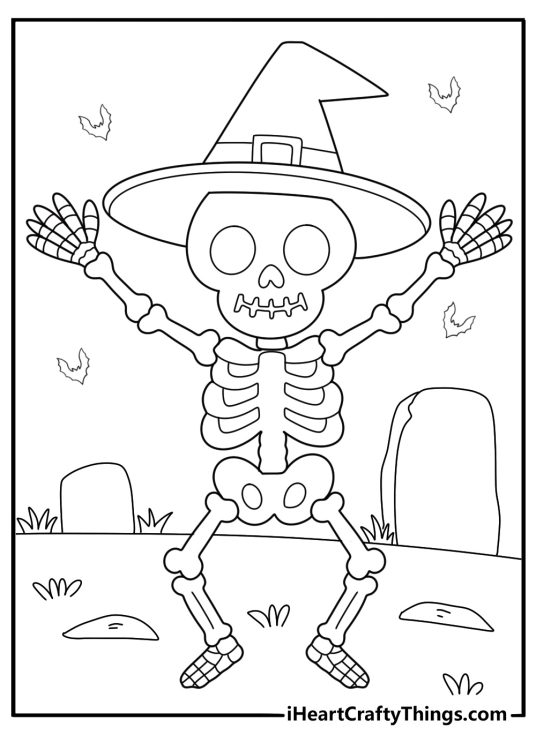 skeleton wearing a witch hat cartoon coloring sheet
