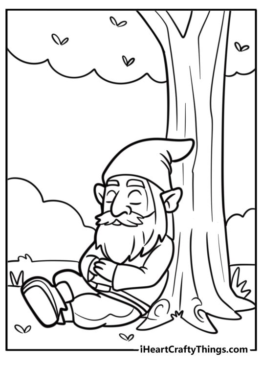 Sleeping gnome under a tree detailed coloring sheet