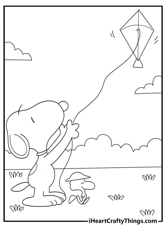 snoopy and woodstock flying a kite printable coloring page