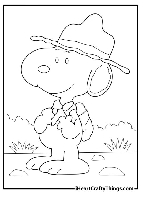 snoopy dressed as a scout leader camping coloring page