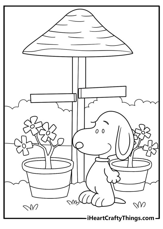 snoopy gardening with flowers cartoon coloring sheet