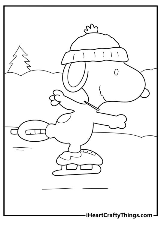 snoopy ice skating on a frozen pond easy coloring sheet