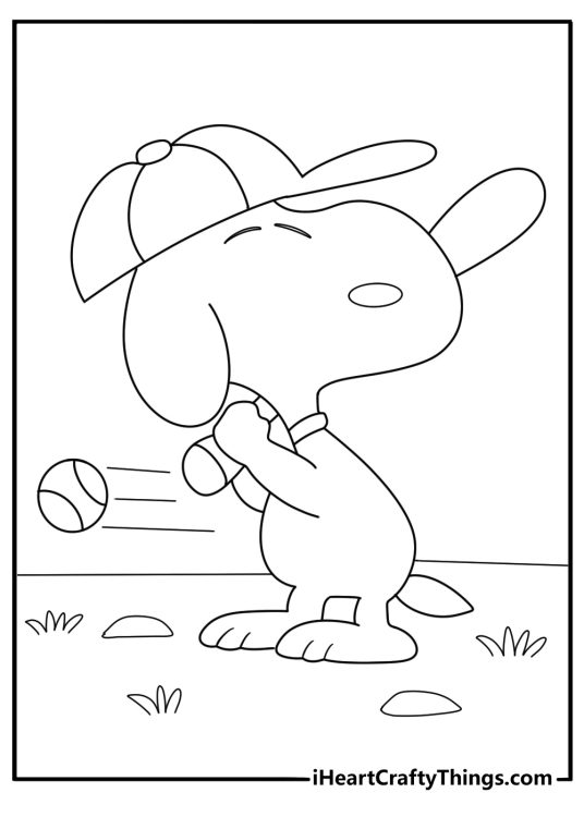 snoopy playing baseball with a bat fun coloring sheet for kids