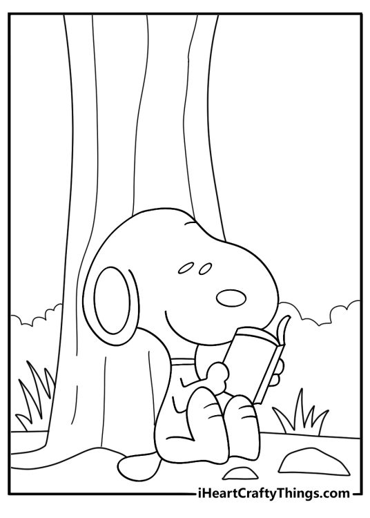 snoopy reading a book under a tree simple coloring page