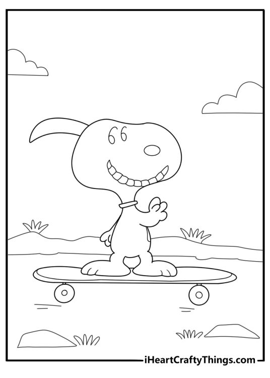 snoopy riding a skateboard fun coloring sheet for kids