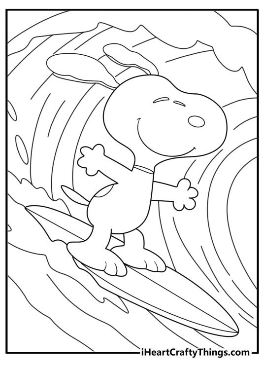 snoopy riding a surfboard on a wave fun coloring sheet