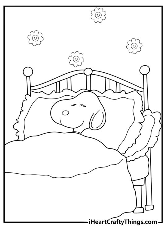 snoopy sleeping in his dog bed kawaii style coloring sheet