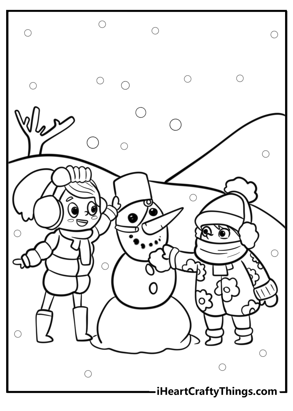 Snowman and children building together coloring page