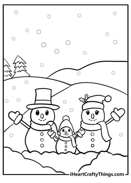 Coloring drawing featuring cute snowman family of three with hills and snowfall in the background