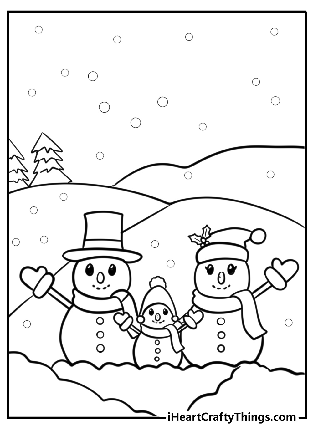 Snowman family with big smiles free coloring page