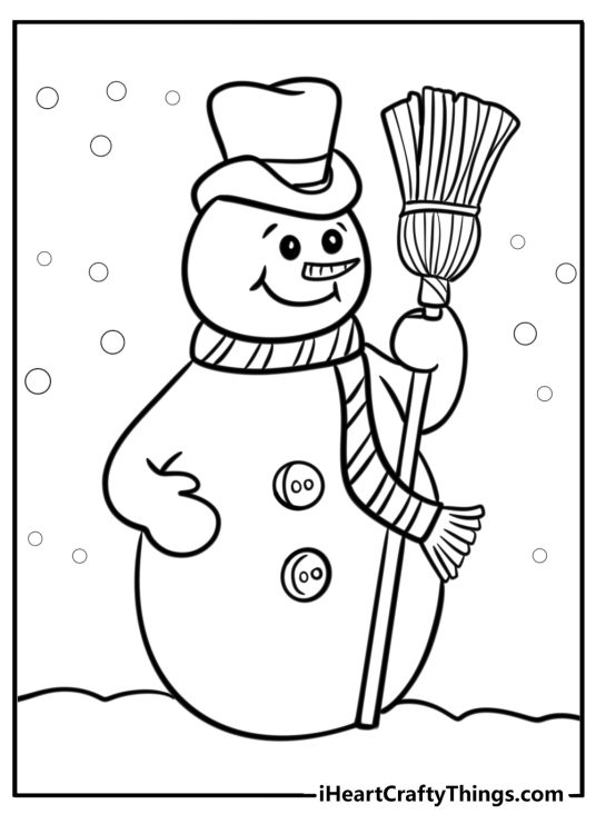 Coloring image for kids capturing elegant snowman with a tall broom in his left hand