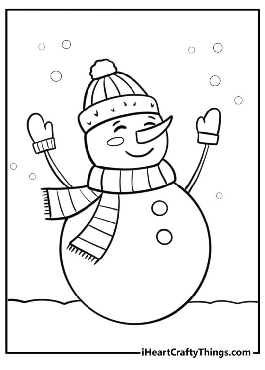 Picture for pre-schoolers featuring cheerful-looking snowman with mittens hat and scarf