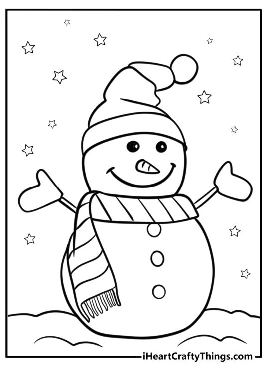 Free printable featuring happy snowman wearing a striped scarf surrounded by stars