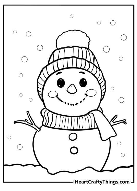 Printable drawing of an adorable snowman wearing cozy hat with a big pompom and a scarf