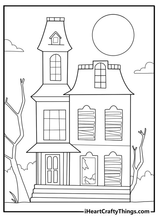 spooky haunted house with boarded up windows detailed sheet