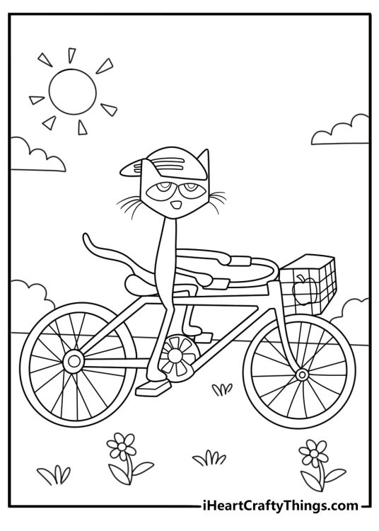 sports coloring page for kids pete the cat riding a bicycle on a path free pdf download