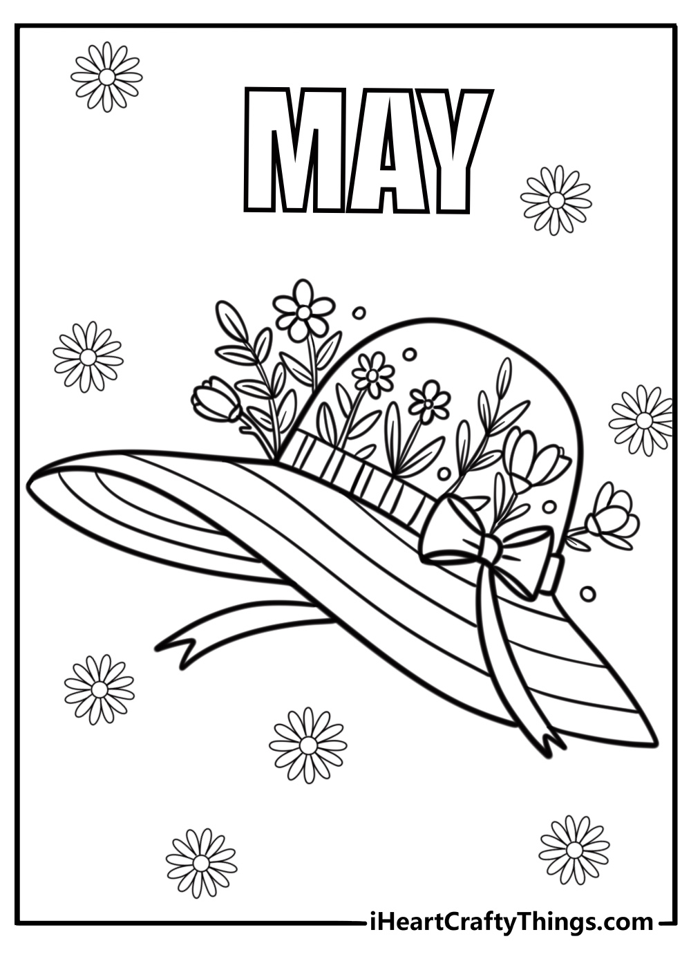 Spring hat with ribbon and flowers May coloring page