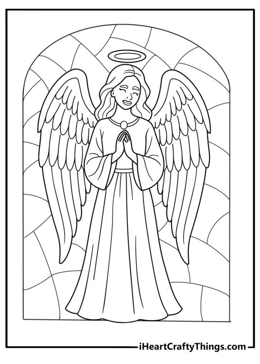 stained glass angel with open wings detailed coloring sheet