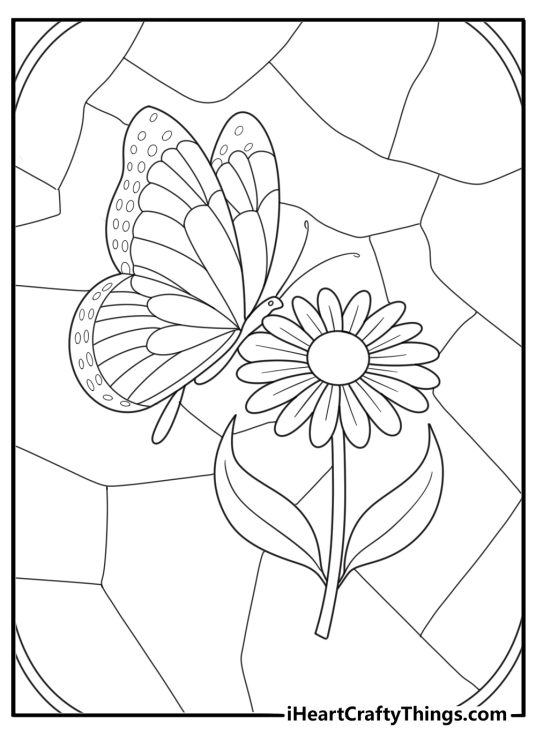 stained glass butterfly over flowers simple coloring sheet