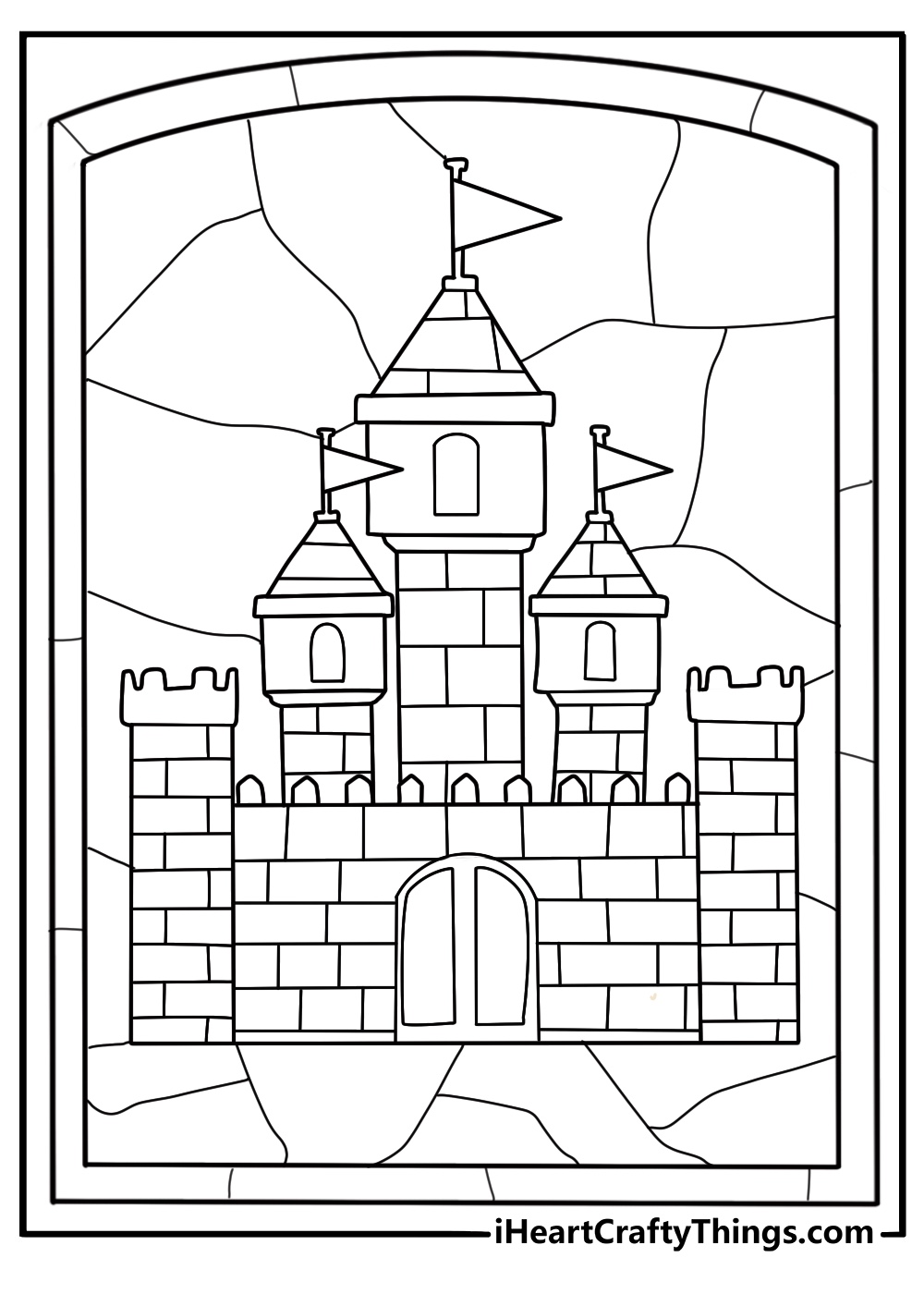 stained glass castle with towers printable coloring sheet