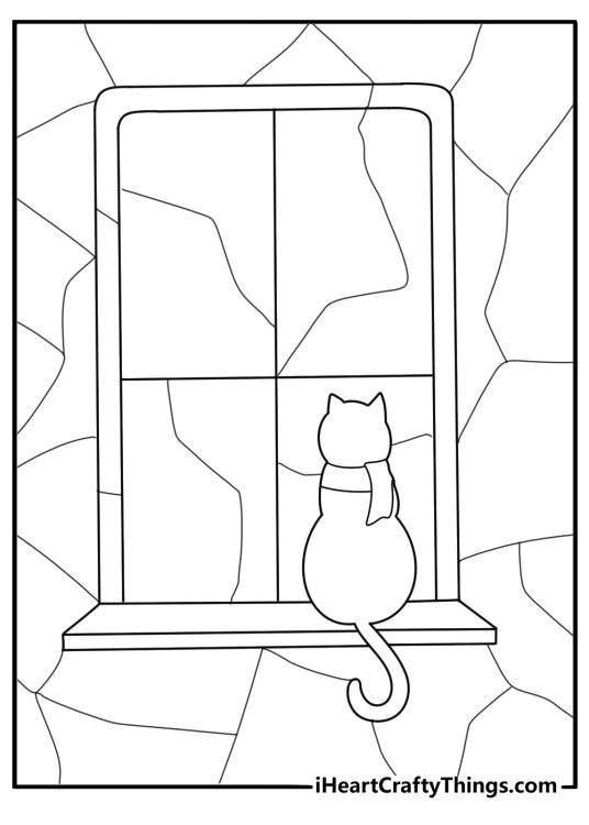 stained glass cat sitting on a windowsill coloring page