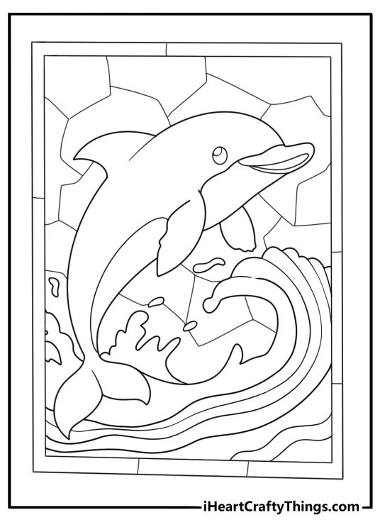 stained glass dolphin jumping over waves coloring page