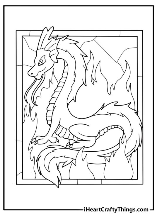 stained glass dragon curled around flame coloring sheet