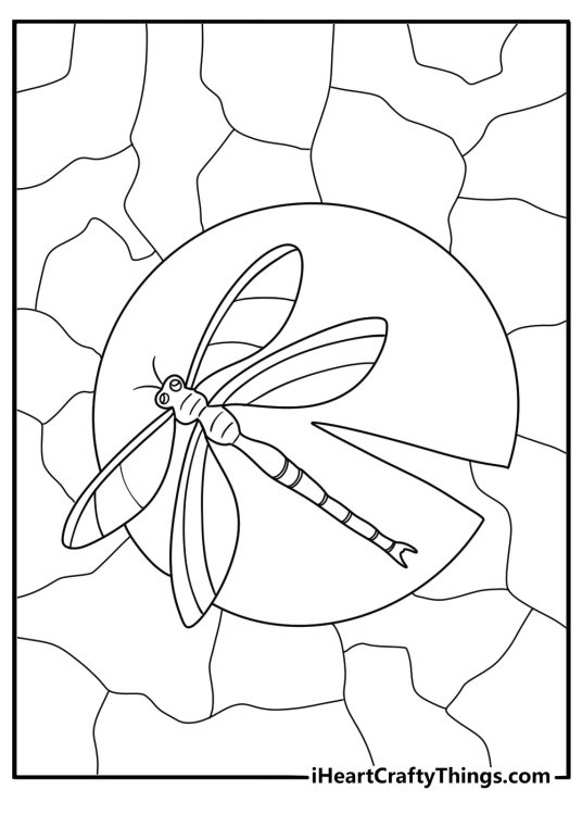 stained glass dragonfly over lily pads simple coloring page