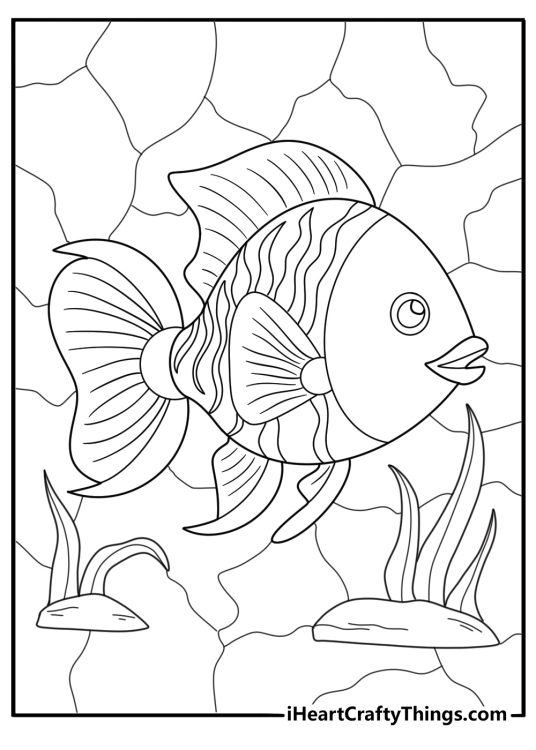 stained glass fish swimming in water coloring page for kids
