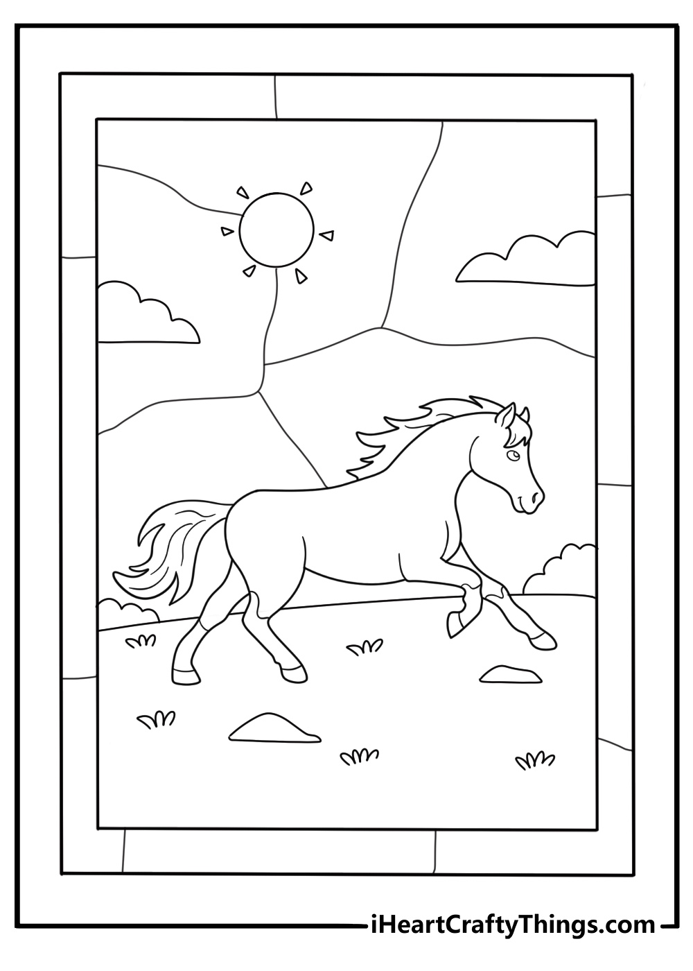 stained glass horse running through fields coloring sheet