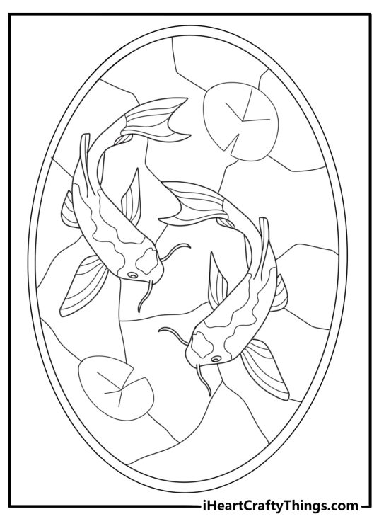 stained glass koi fish swimming in pond coloring page