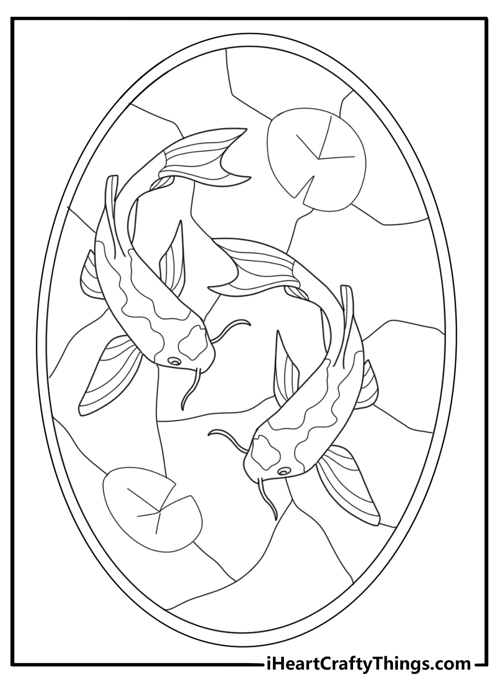 stained glass koi fish swimming in pond coloring page