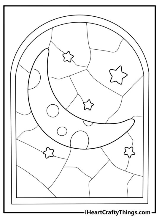 stained glass moon and stars in night sky coloring page