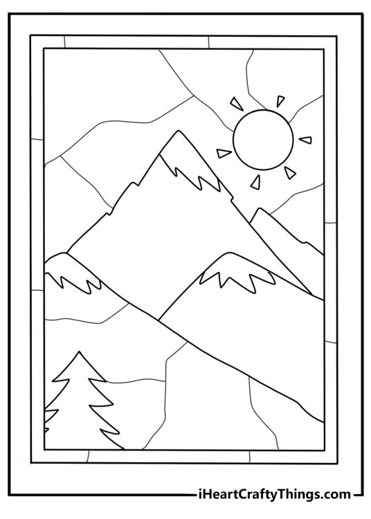 stained glass mountain landscape with sun coloring page