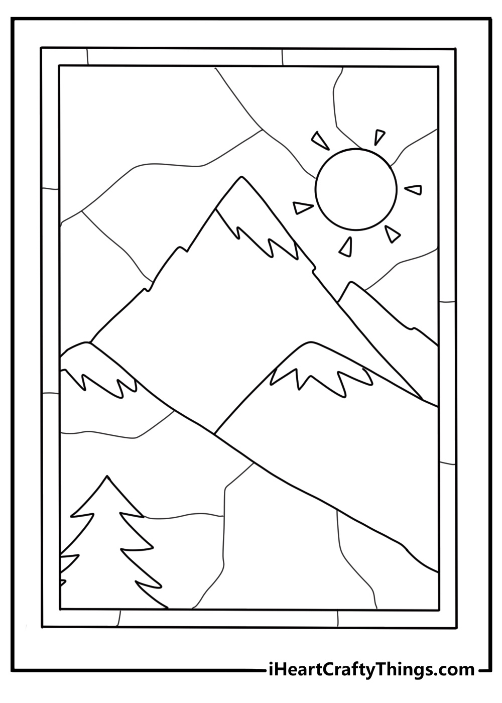 stained glass mountain landscape with sun coloring page