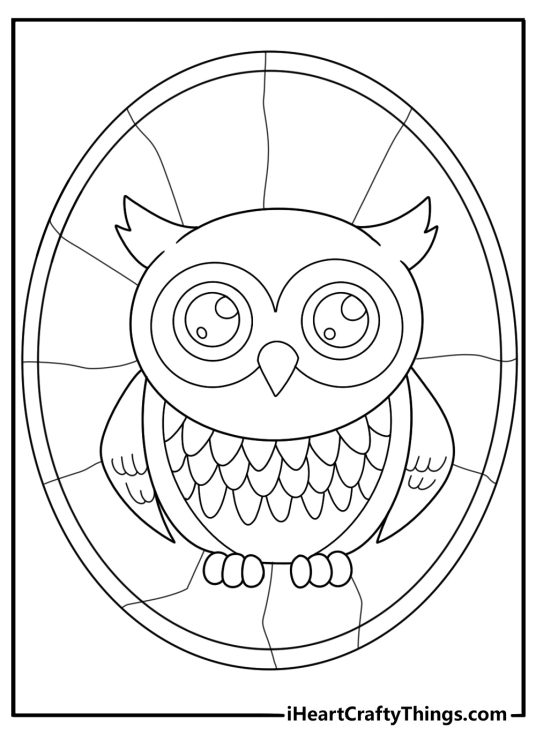 stained glass owl with wide eyes detailed coloring page