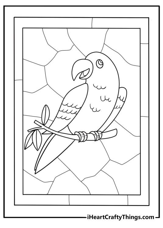 stained glass parrot on a branch coloring page