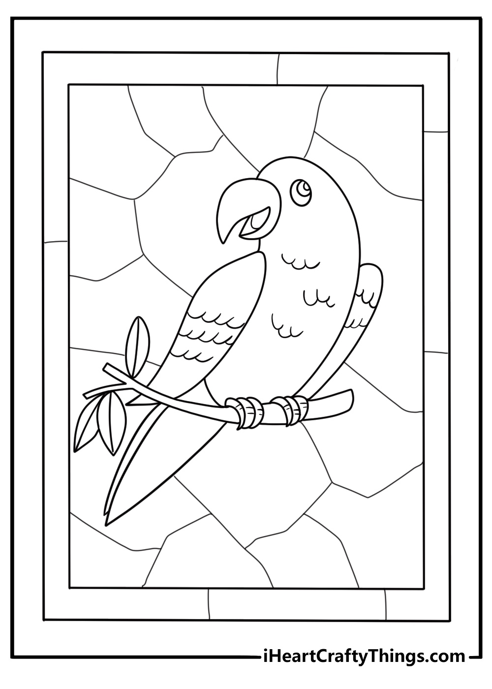 stained glass parrot on a branch coloring page