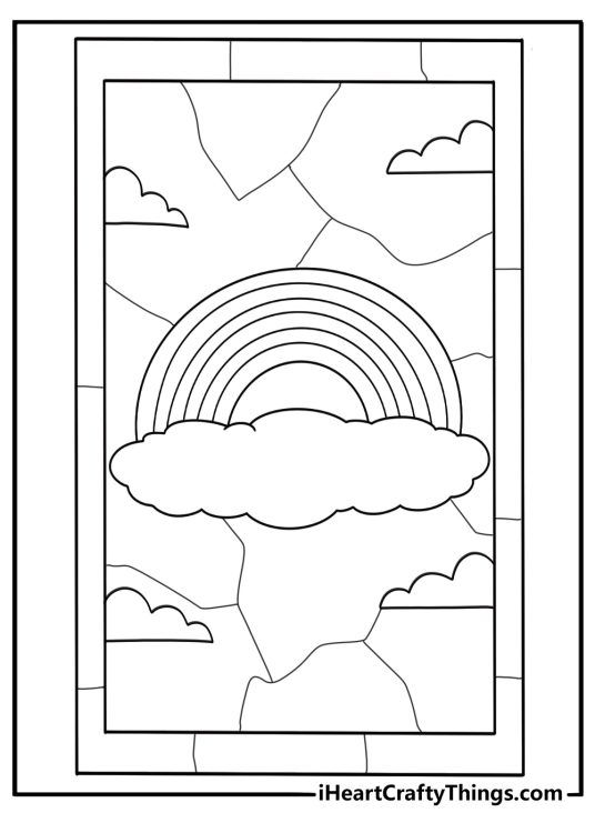 stained glass rainbow over clouds coloring page