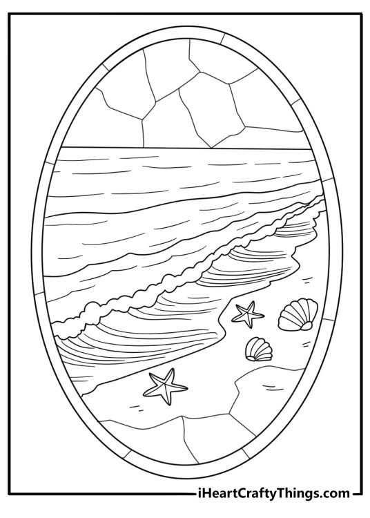 stained glass seashells and waves coloring page for kids