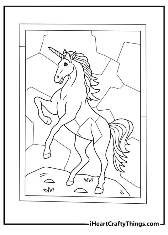 stained glass unicorn standing on hill coloring page
